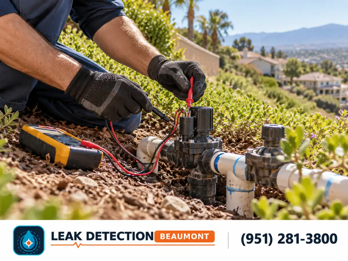 Side view: technician checking an irrigation valve on a landscaped slope.