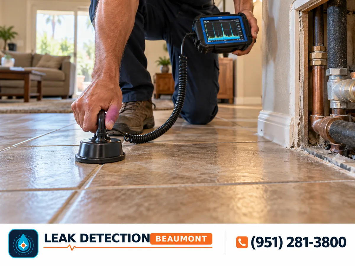 Side view: technician listening for a hidden leak beneath a tiled hallway.