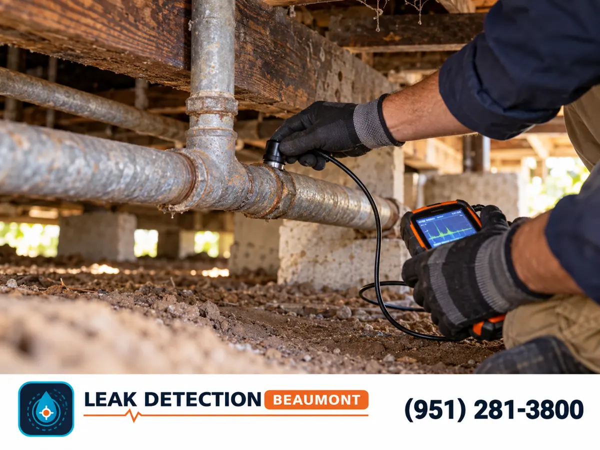 Side view: acoustic probe checking galvanized pipe beneath a raised wood floor.