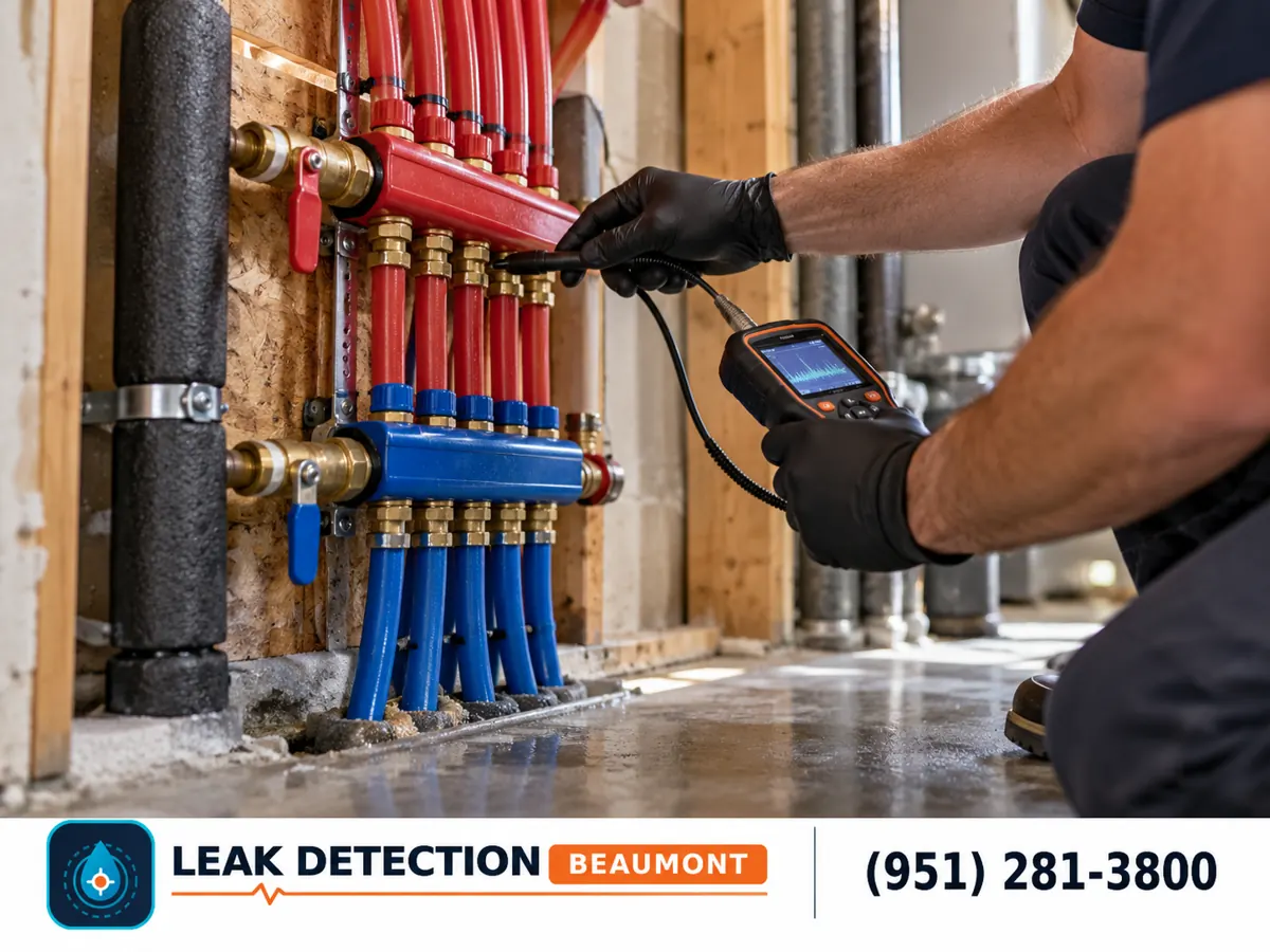 Side view: technician checking connections on a red and blue PEX manifold.