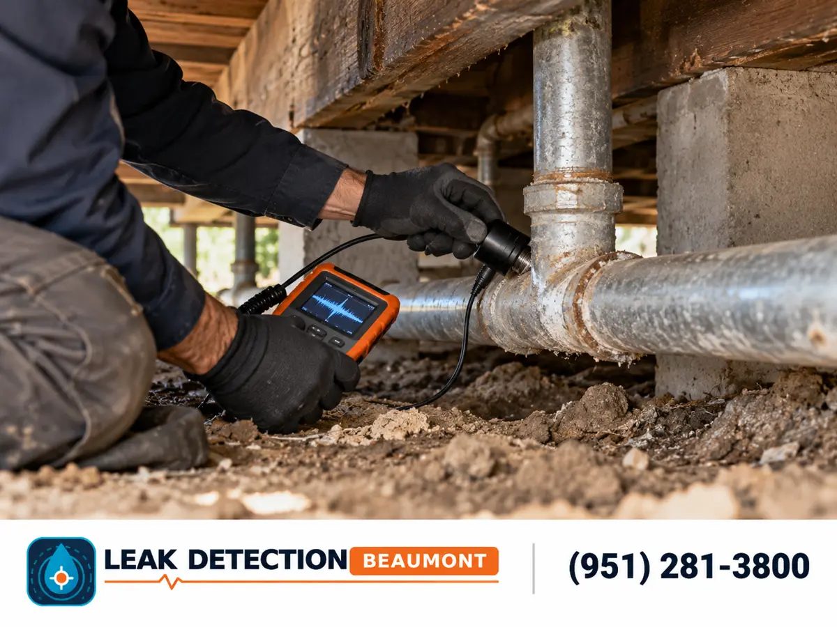 Side view: technician inspecting galvanized plumbing in a home's crawl space.