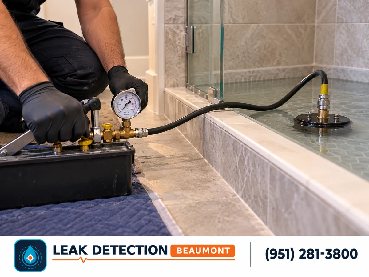 Side view: technician testing a shower pan with the drain sealed.