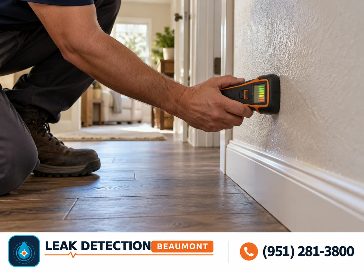 Side view: handheld moisture meter pressed against a hallway wall.