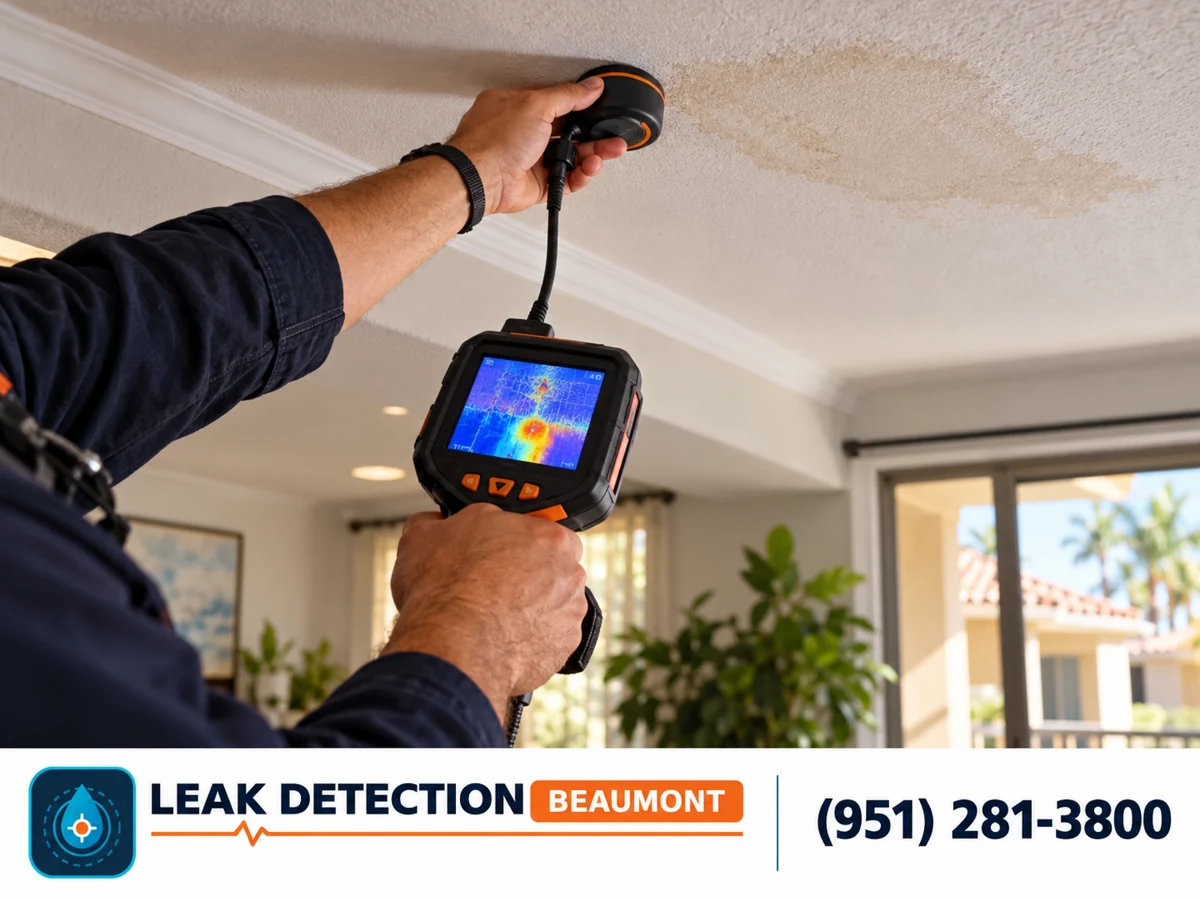 Technician checking ceiling moisture beneath an upstairs unit.