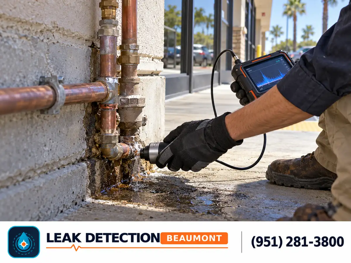 Acoustic testing of an exterior water pipe beside a commercial building.