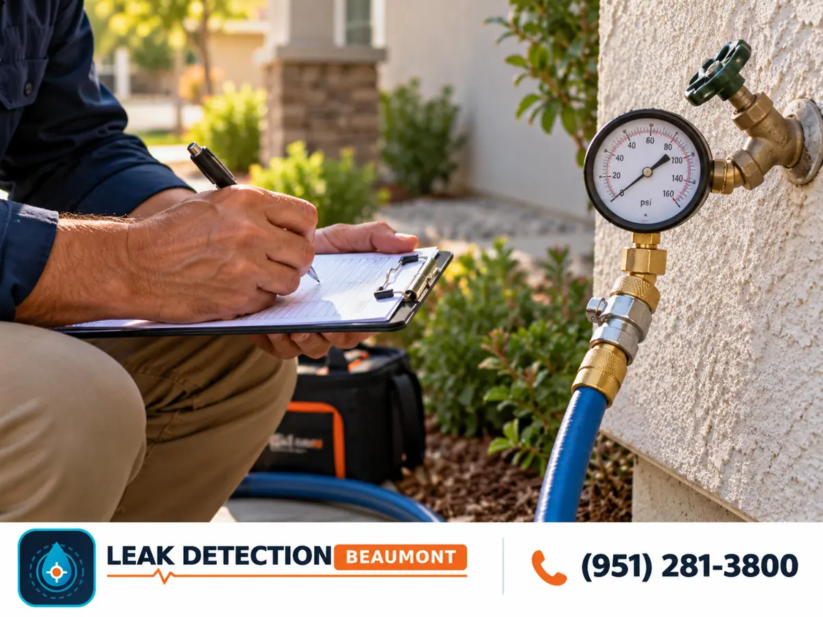 Technician recording pressure readings beside an exterior hose bib.