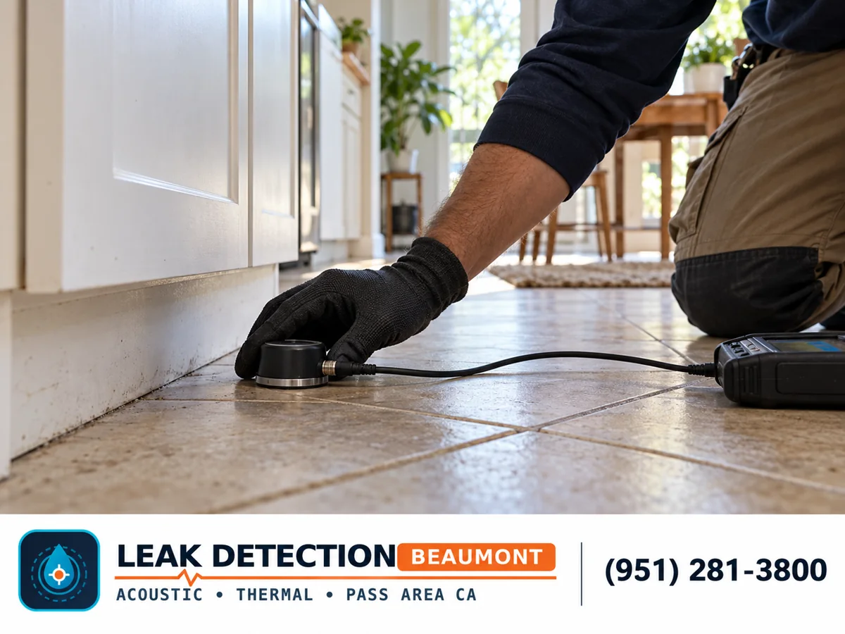 Technician using an acoustic ground microphone on a kitchen tile floor.