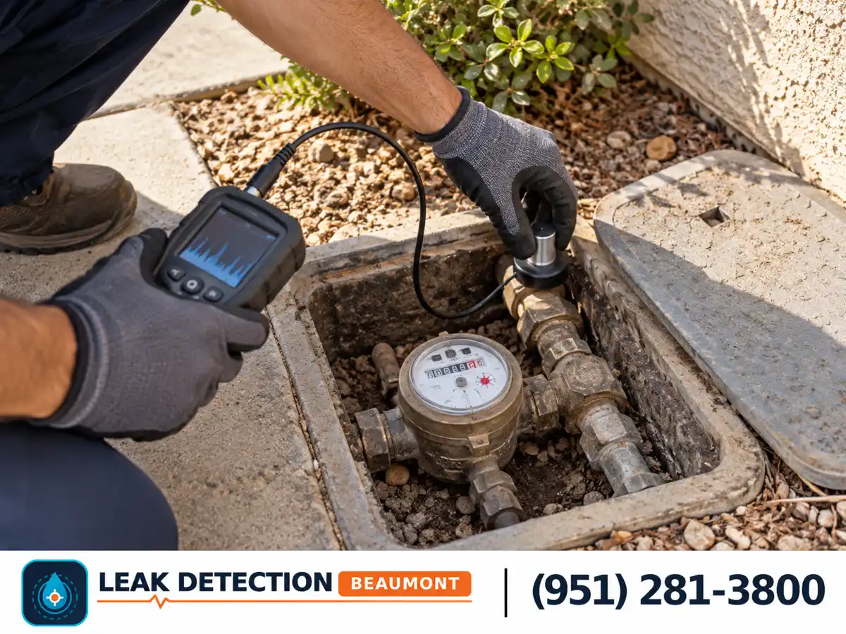 Close view: acoustic leak testing at a residential water meter box.