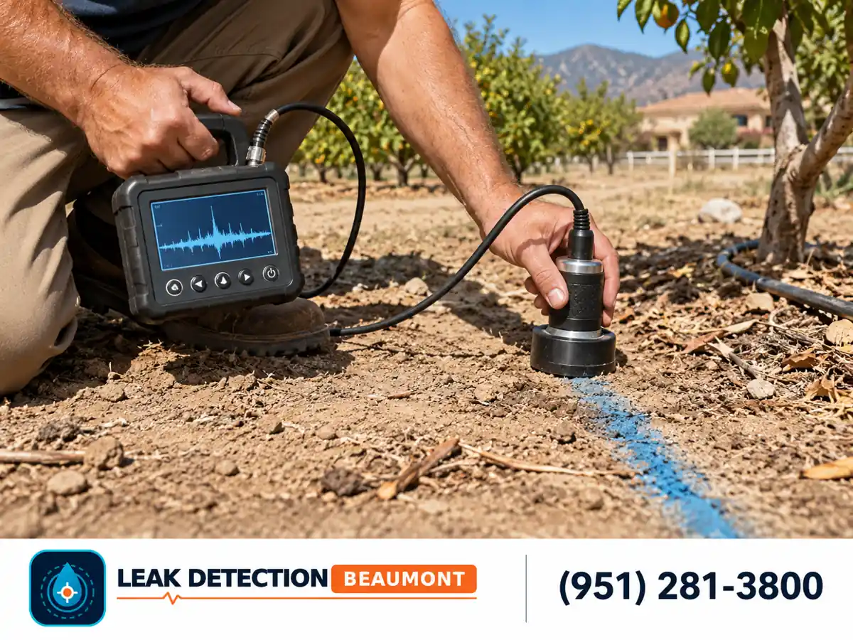Close view: technician tracing a buried water line across an orchard property.