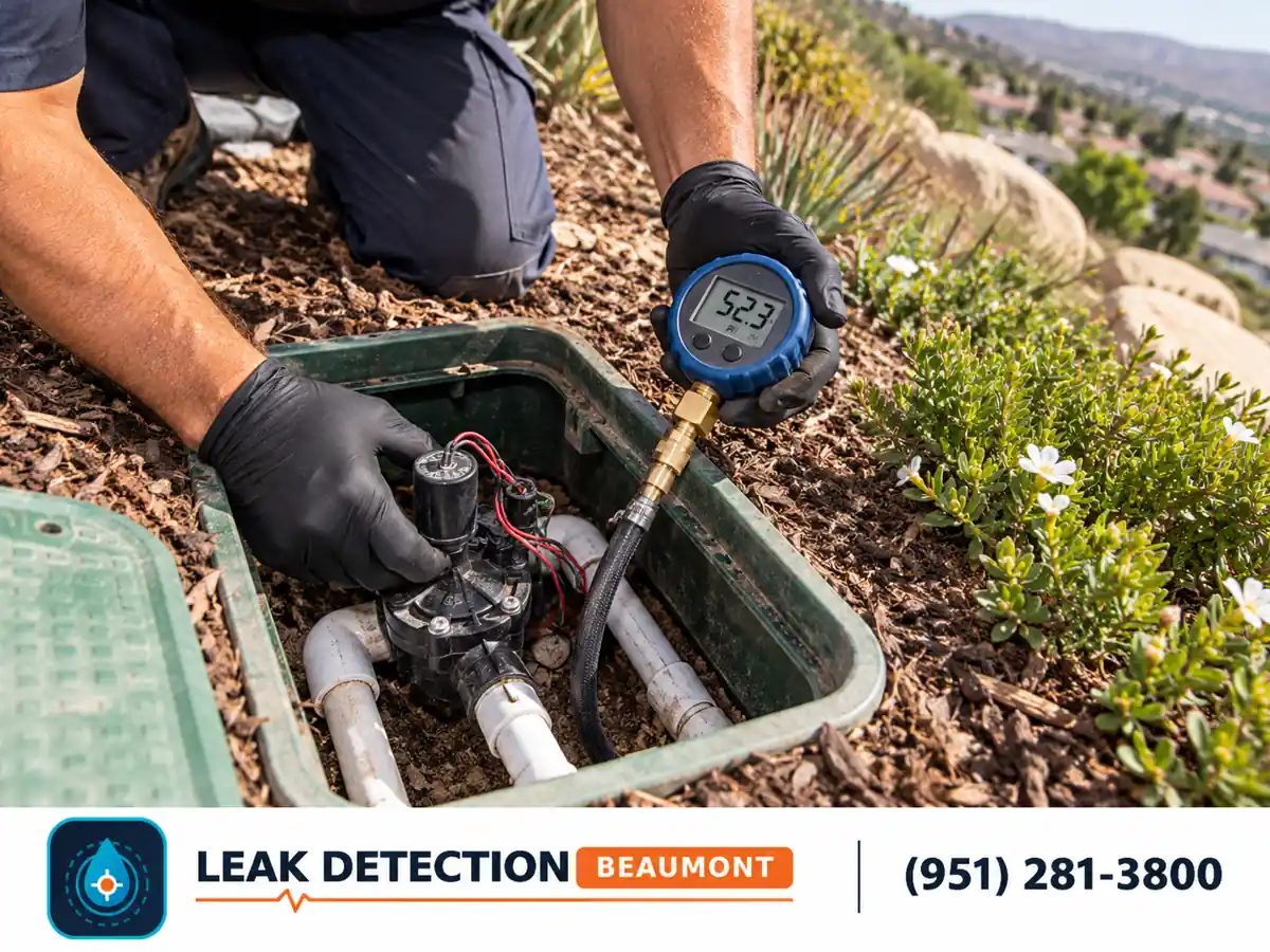 Close view: technician checking an irrigation valve on a landscaped slope.