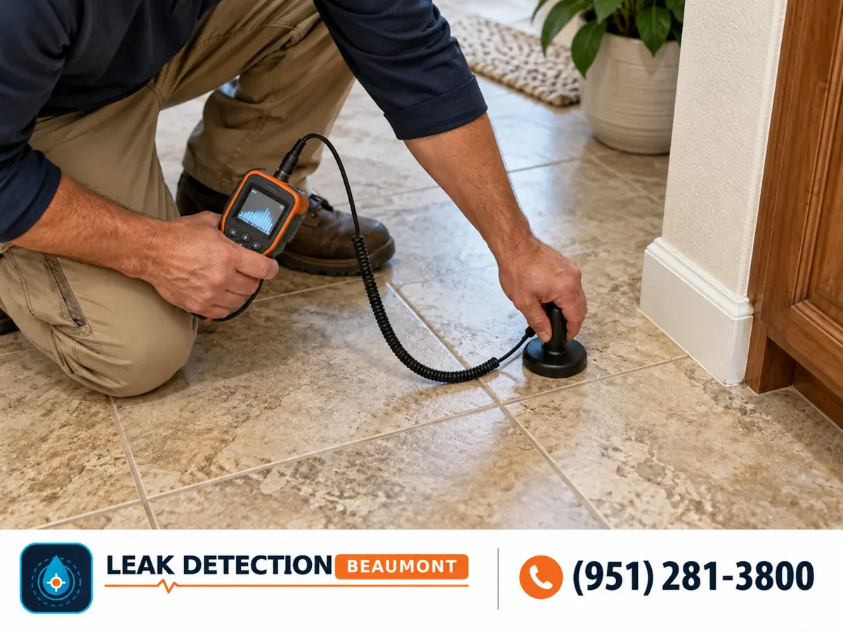 Close view: acoustic ground microphone testing on a single-story home's tile floor.
