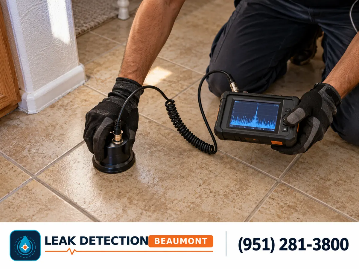 Close view: technician listening for a hidden leak beneath a tiled hallway.
