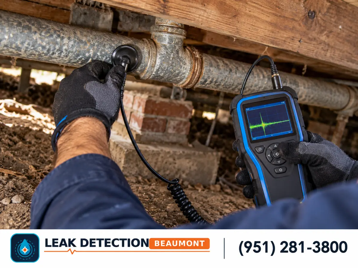 Close view: technician inspecting galvanized plumbing in a home's crawl space.
