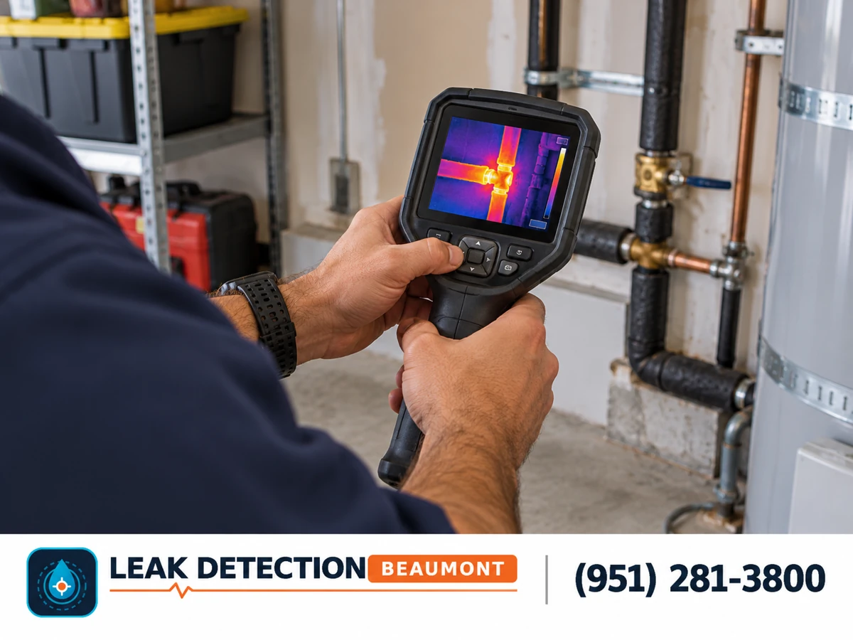 Specialist checking a thermal camera beside garage plumbing.