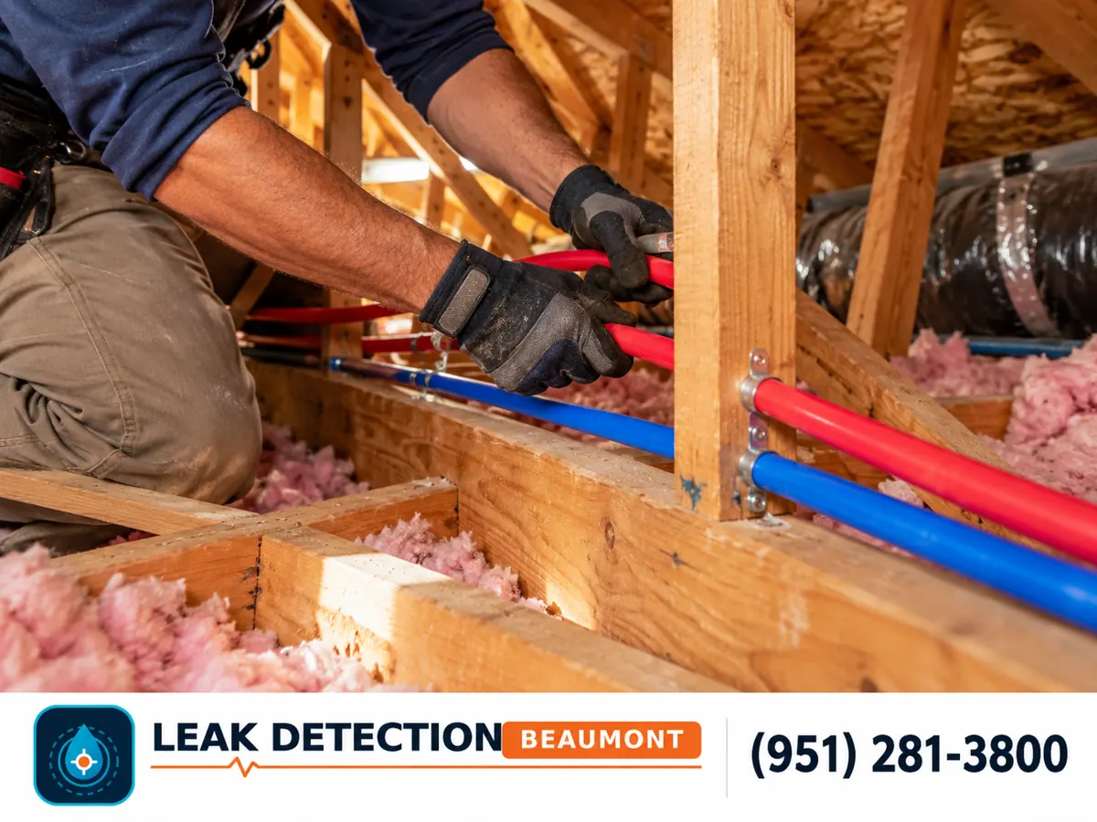 Technician routing a new PEX water line through an attic.