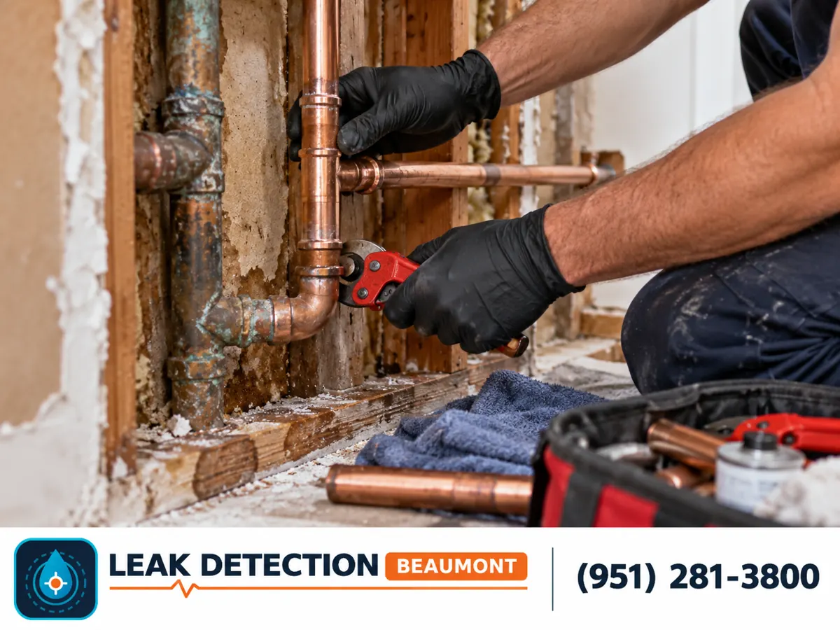 Gloved hands working on copper pipe fittings inside an open wall.