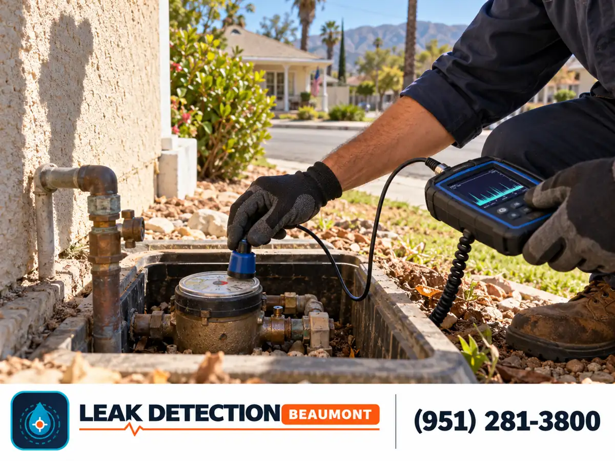 Acoustic leak testing at a residential water meter box.