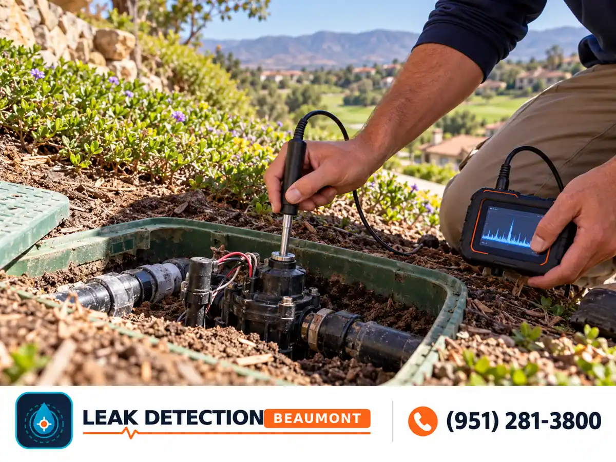 Technician checking an irrigation valve on a landscaped slope.