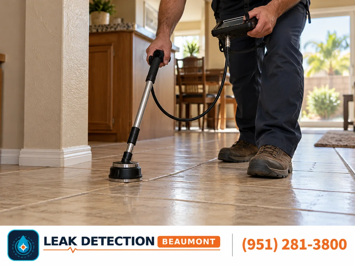 Technician listening for a hidden leak beneath a tiled hallway.