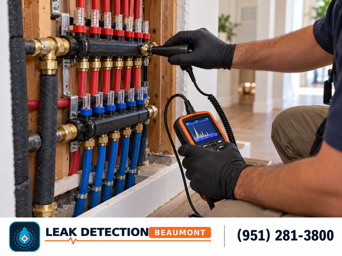 Technician checking connections on a red and blue PEX manifold.