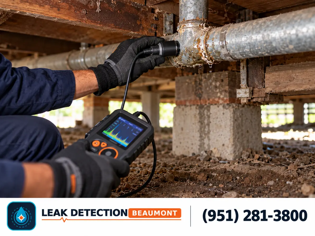Technician inspecting galvanized plumbing in a home's crawl space.