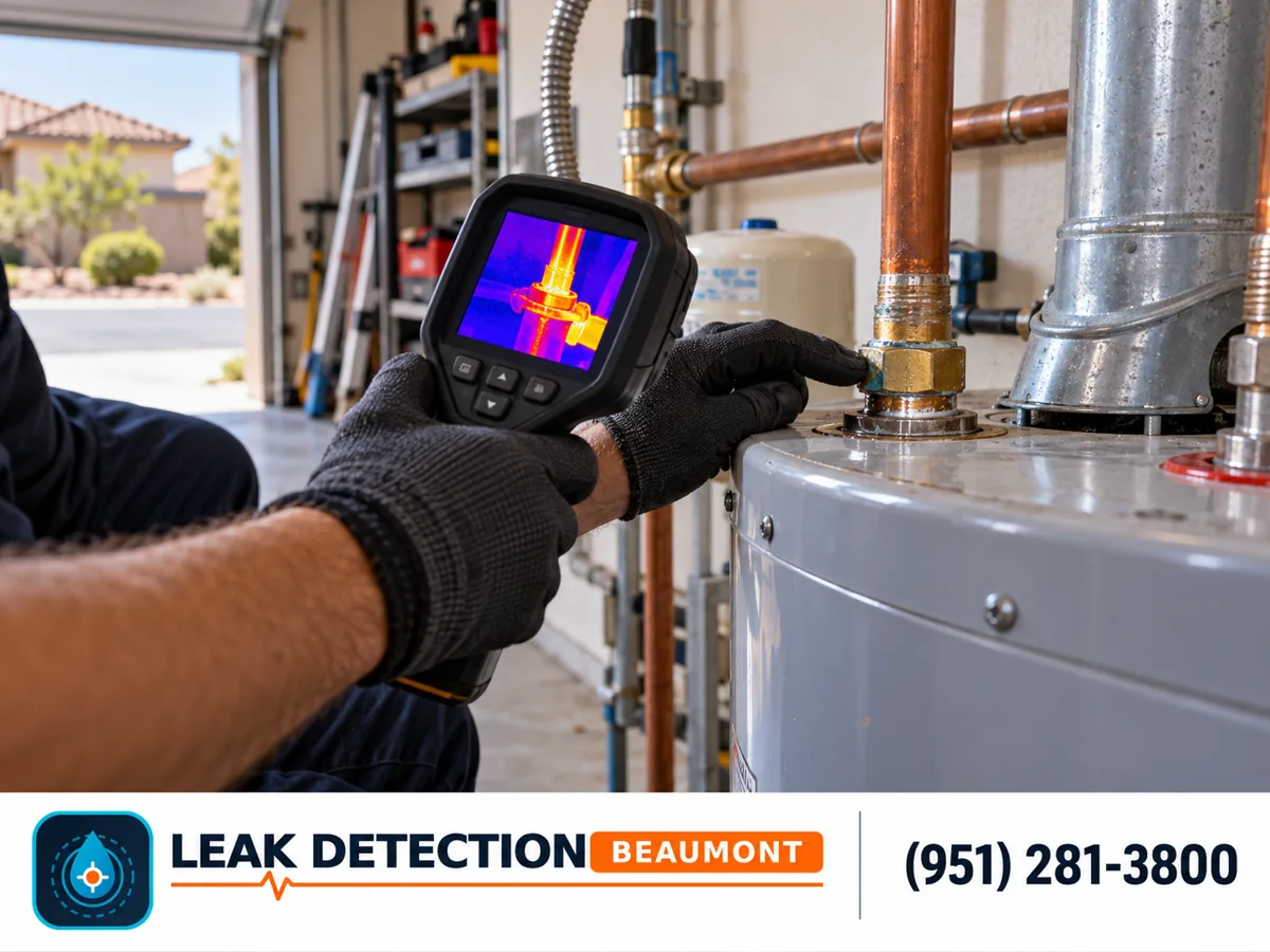 Technician checking a water heater pipe connection in a garage.