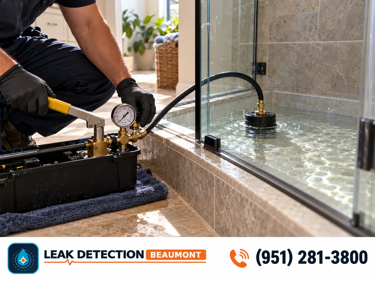 Technician testing a shower pan with the drain sealed.