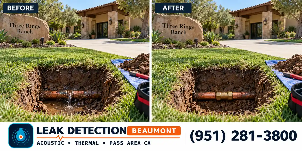 Three Rings Ranch, Beaumont: same scene before detection and after targeted repair.