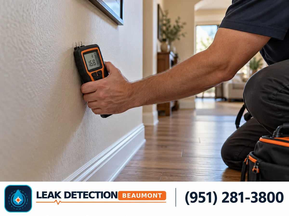 Handheld moisture meter pressed against a hallway wall.