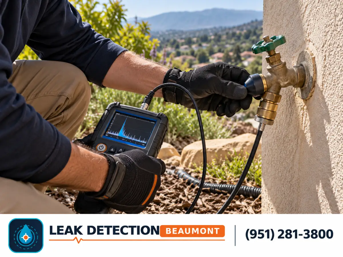 Technician testing an exterior hose bib beside a hillside home.