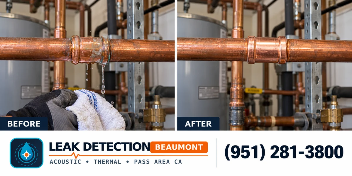 Commercial Leak Detection: same scene before detection and after targeted repair.