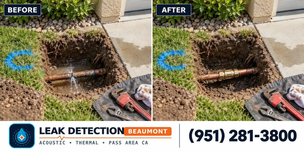 Water Line Repair: same scene before detection and after targeted repair.
