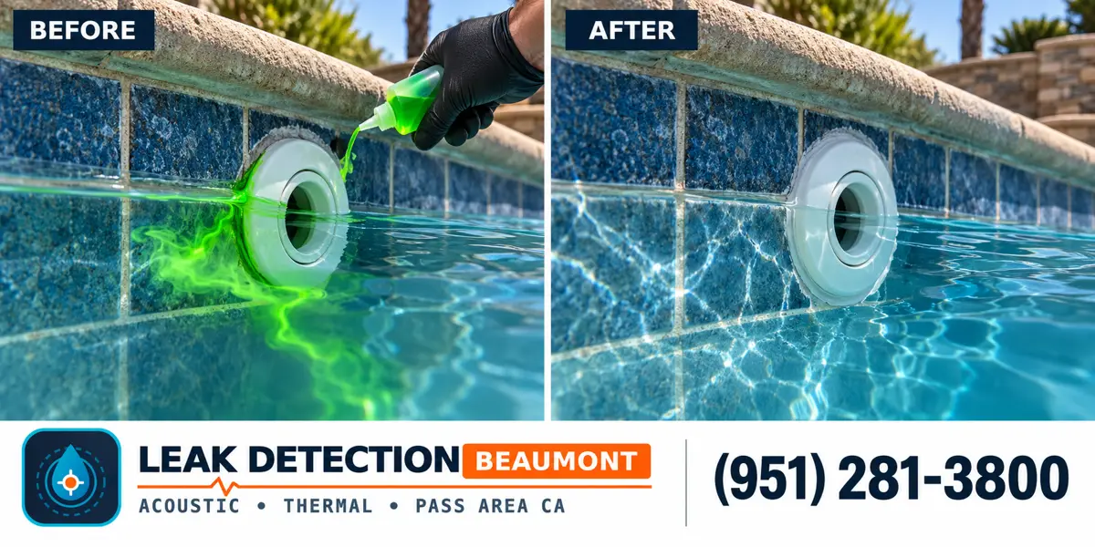 Pool Leak Detection: same scene before detection and after targeted repair.