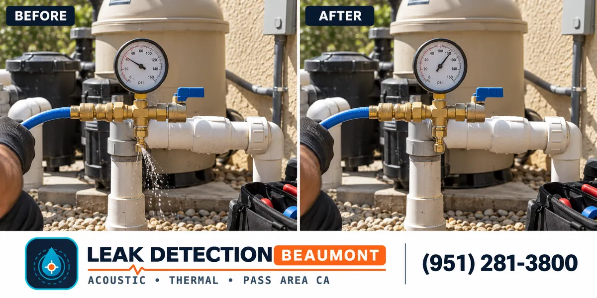 Pool Plumbing Pressure Testing: same scene before detection and after targeted repair.