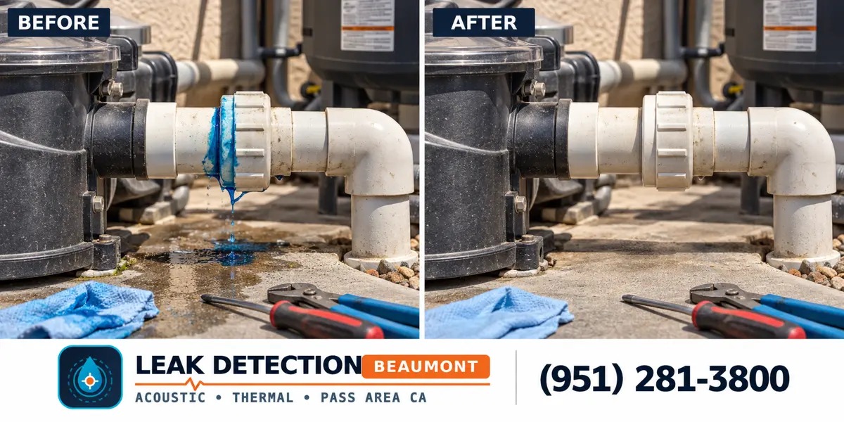 Spa and Hot Tub Leak Detection: same scene before detection and after targeted repair.