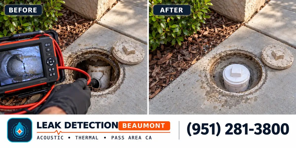 Sewer and Drain Leak Detection: same scene before detection and after targeted repair.
