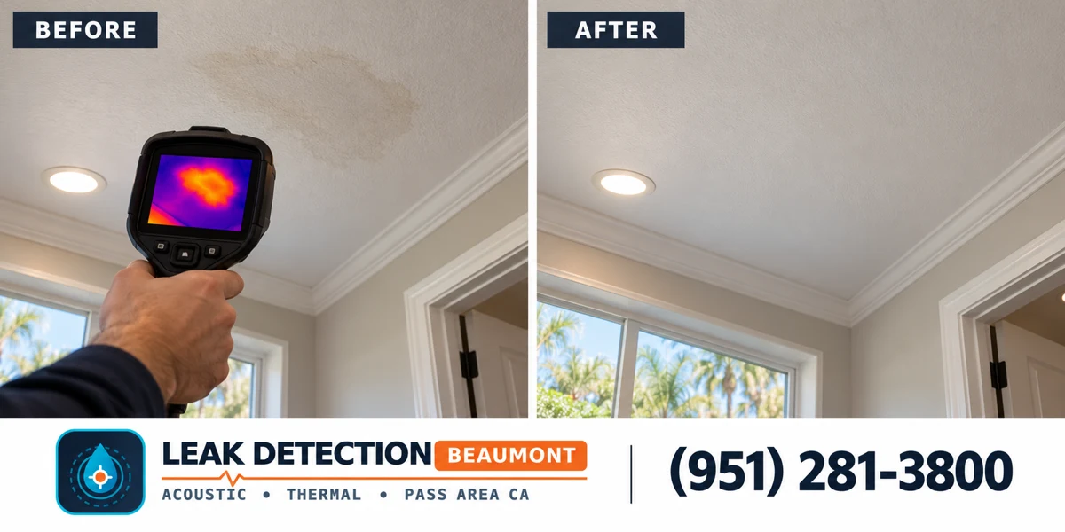 Ceiling Leak Detection: same scene before detection and after targeted repair.
