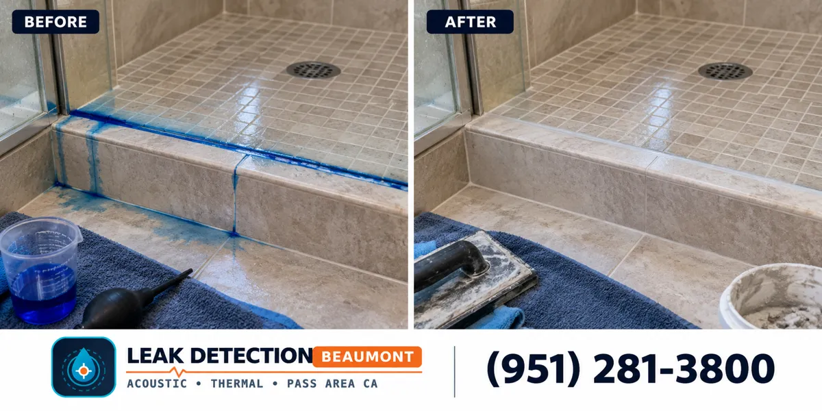 Shower Pan Leak Detection: same scene before detection and after targeted repair.