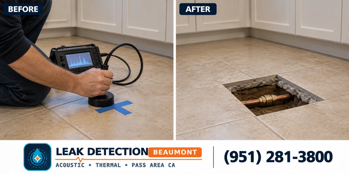 Slab Leak Detection: same scene before detection and after targeted repair.