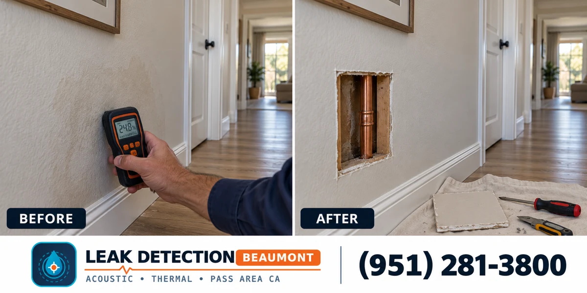 Wall Leak Detection: same scene before detection and after targeted repair.
