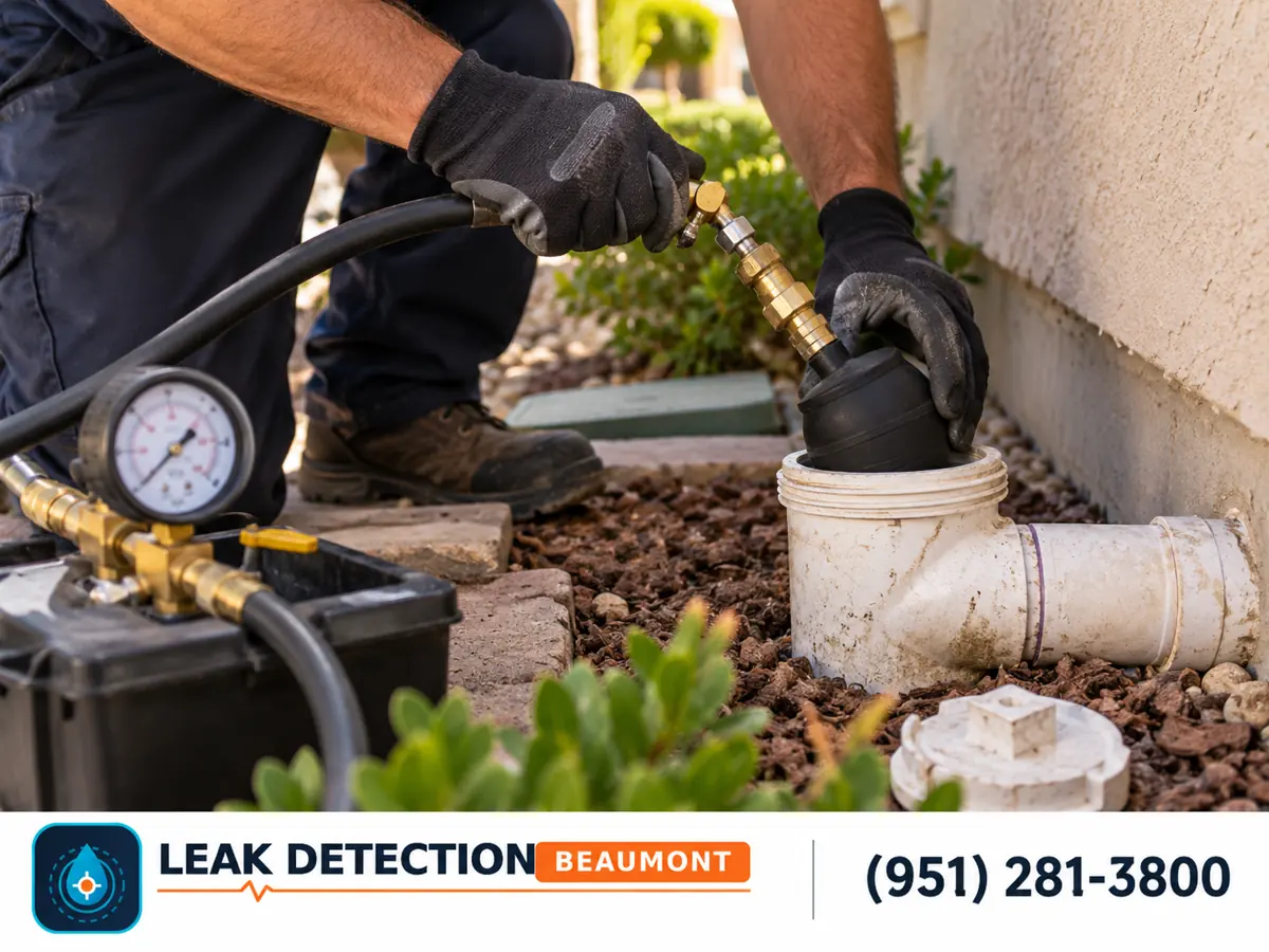 Gloved hands positioning a test plug in an exterior drain cleanout.