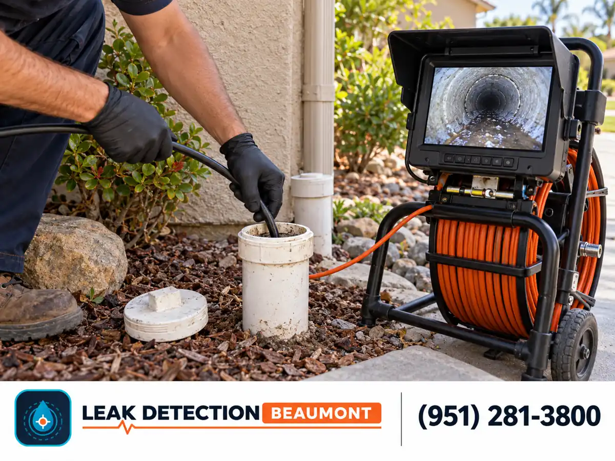 Gloved hands feeding a sewer camera into an exterior cleanout.