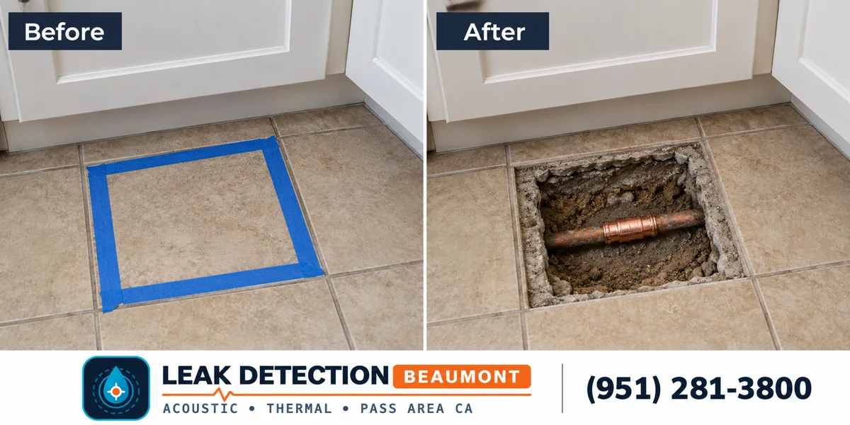 Same kitchen floor before access and after a copper pipe repair beneath one tile.