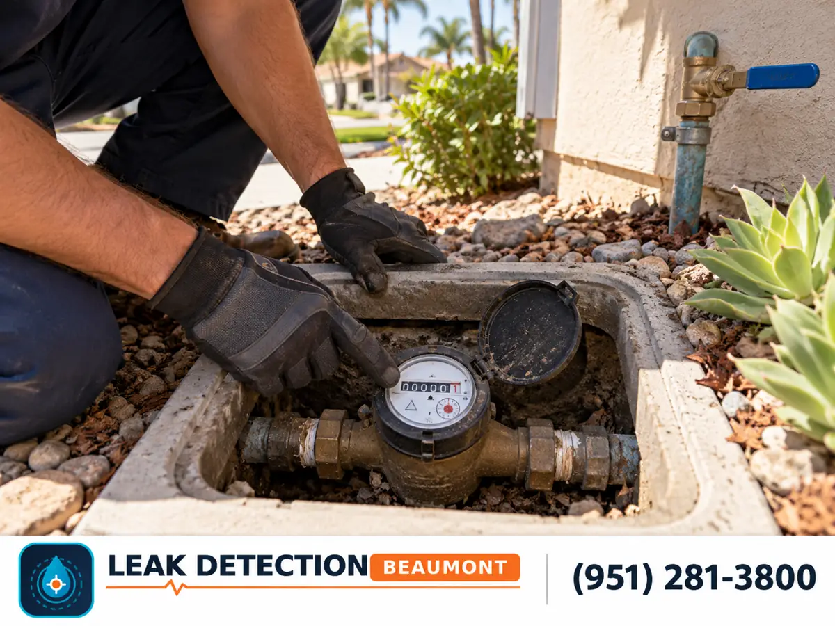 Technician checking a residential water meter during leak investigation.