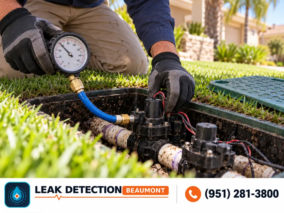 Gloved hands testing irrigation components in a lawn valve box.