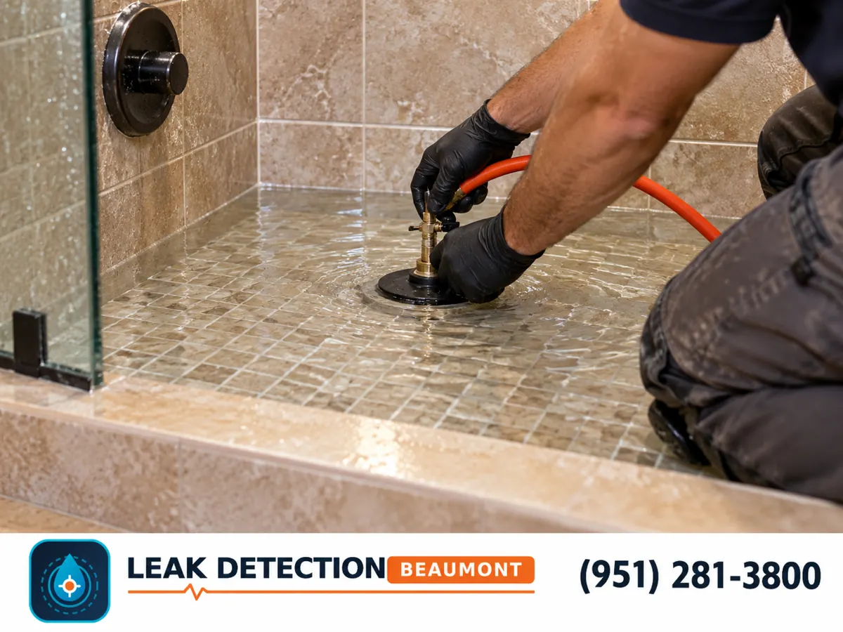 Technician sealing a shower drain for a controlled flood test.