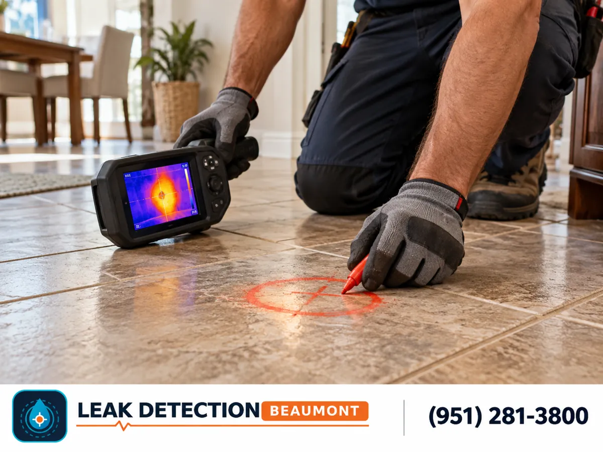Technician marking a tile beside a thermal camera during slab leak testing.