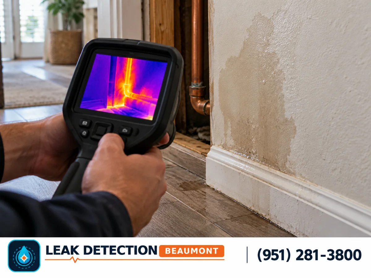 Thermal and visible views of moisture around an interior wall.