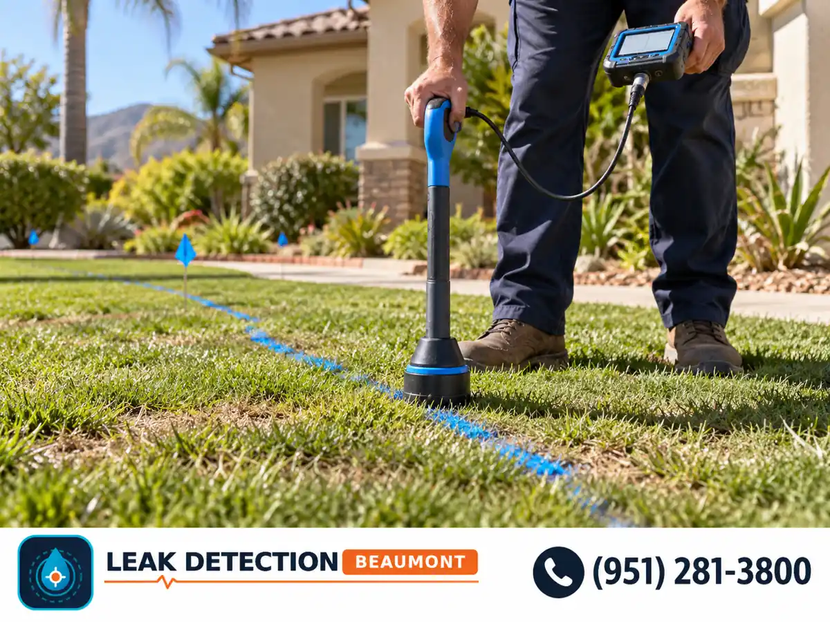 Technician tracing an underground water line across a front yard.