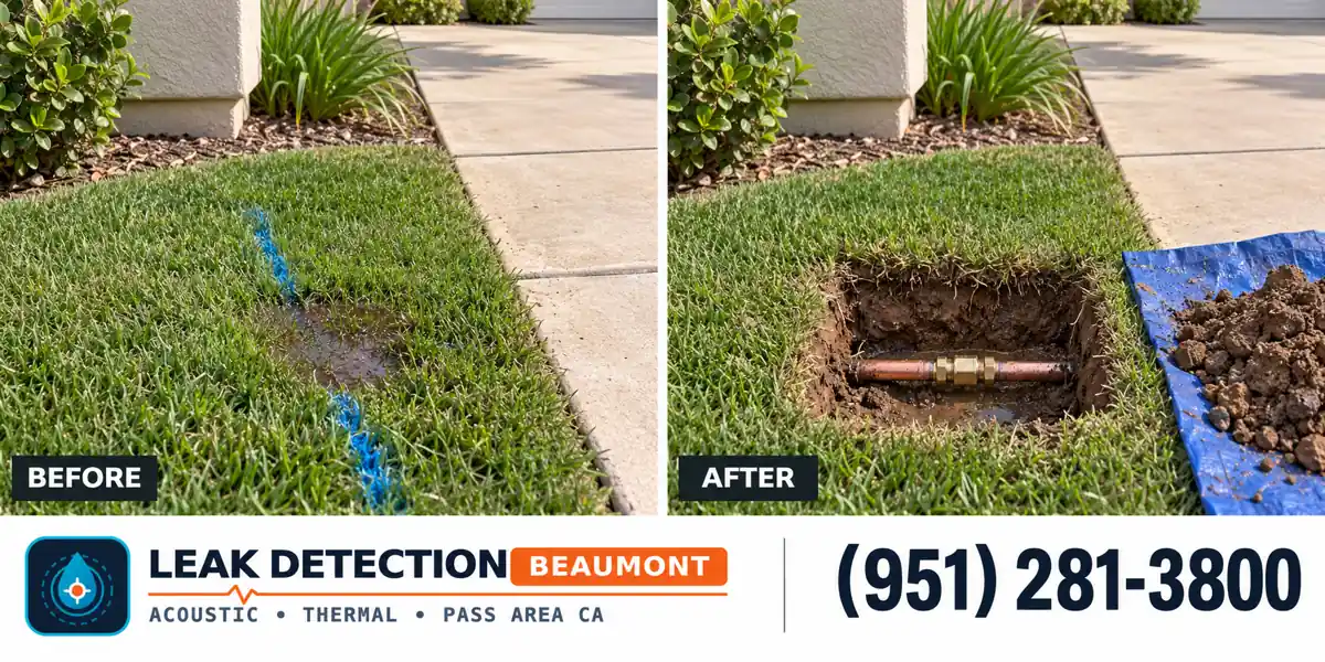 Same yard before excavation and after a water pipe repair in a compact access pit.